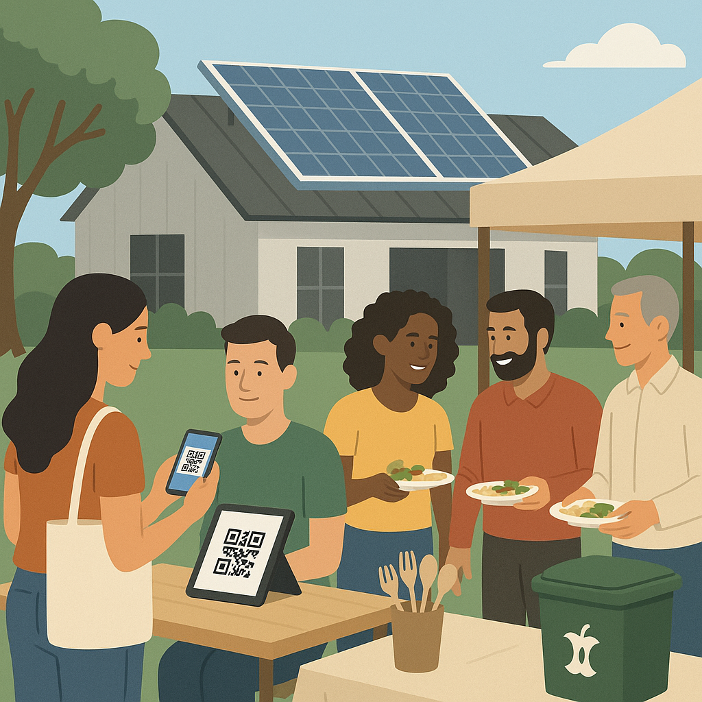 A community nonprofit event with eco-friendly elements: digital ticket check-in, compostable utensils, and a solar-power...