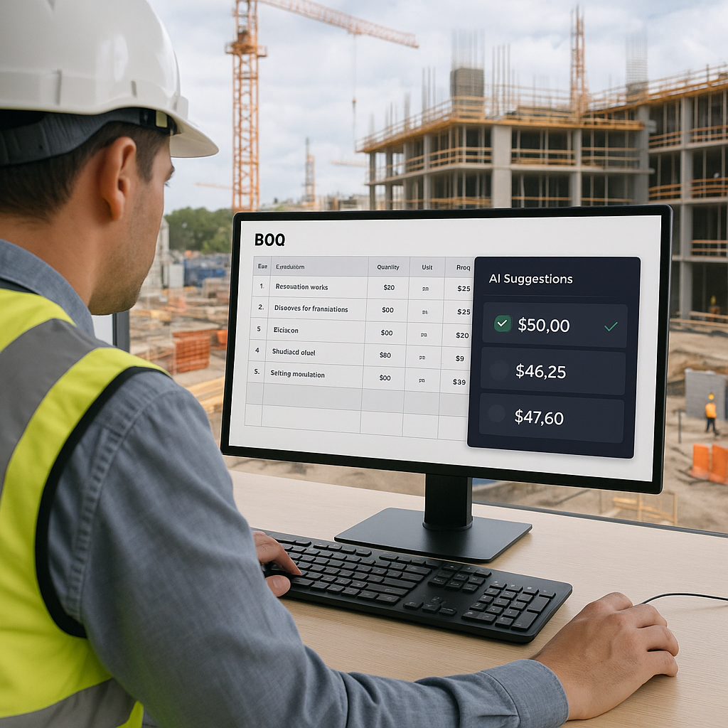 A construction estimator reviewing a digital BOQ on a computer, with AI-powered rate matching suggestions popping up in...