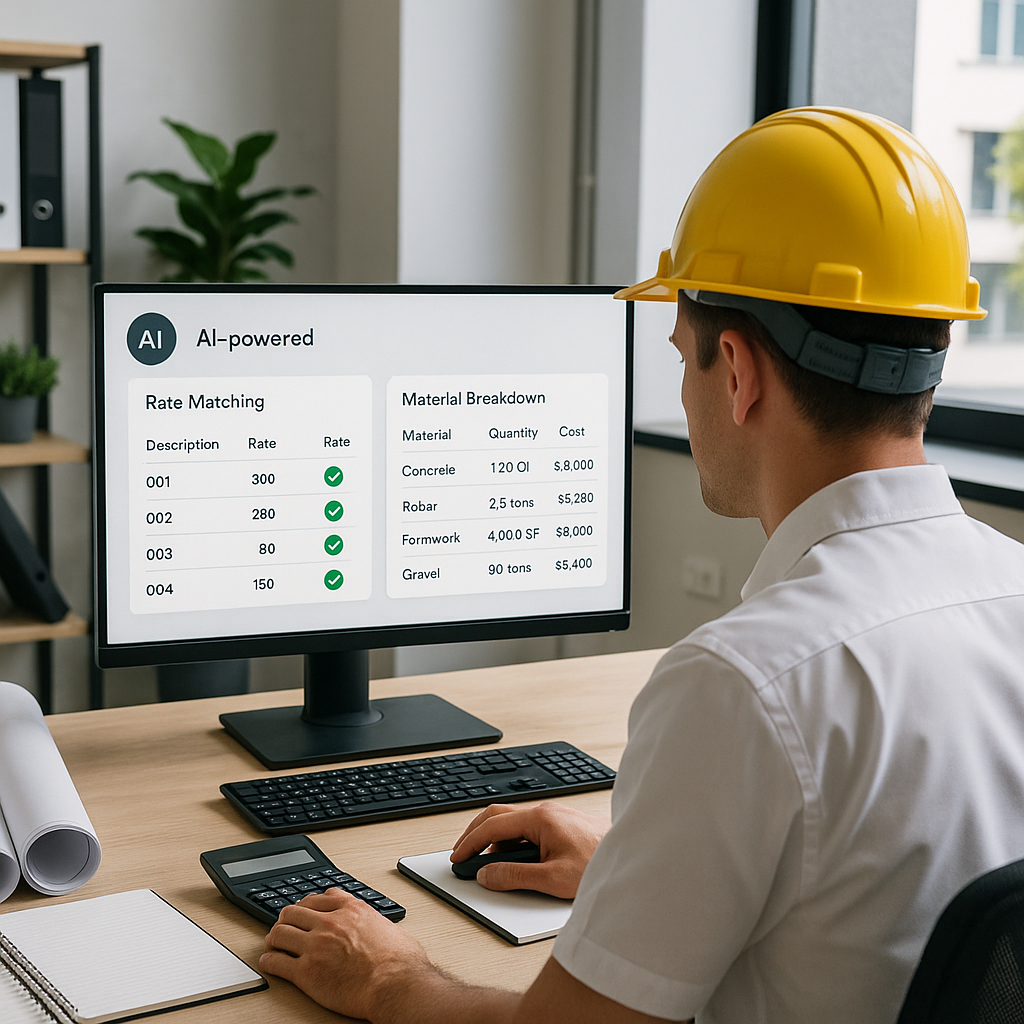 A construction estimator working at a desk with an AI-powered interface on their screen, showing rate matching results a...