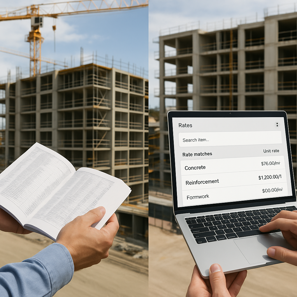 A side-by-side image of an estimator manually flipping through a rate book versus an AI-powered dashboard showing rate m...