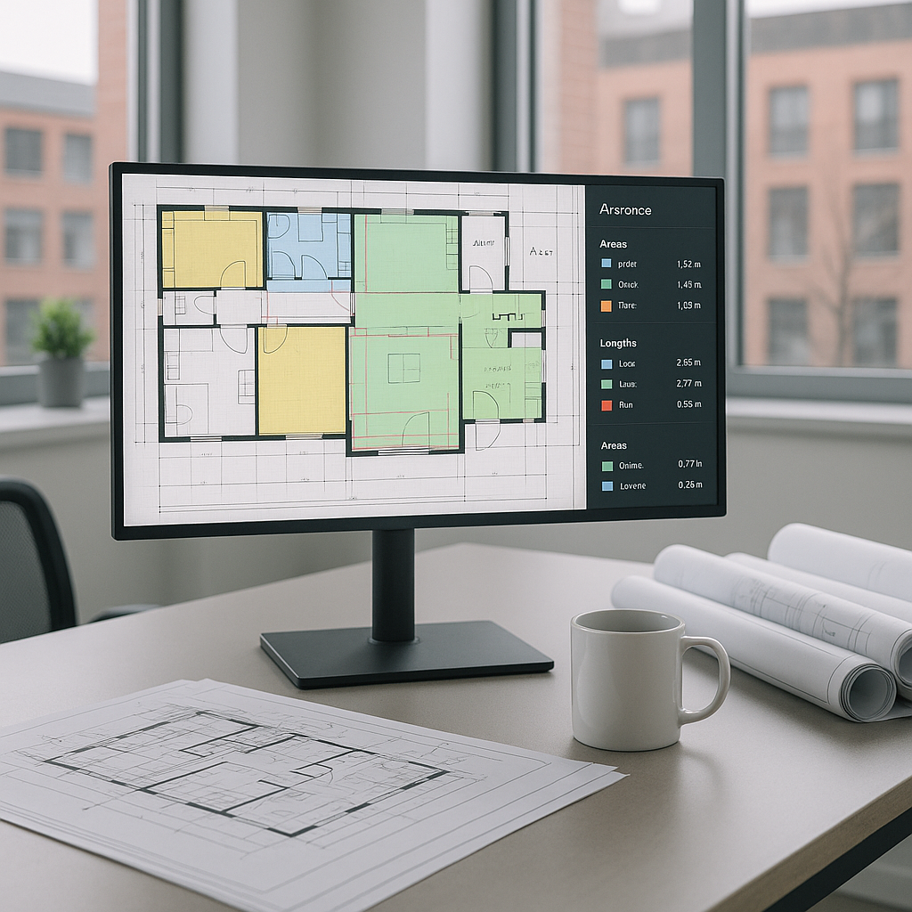 A modern construction office with a digital screen showing AI takeoff software analyzing a detailed PDF blueprint, along...