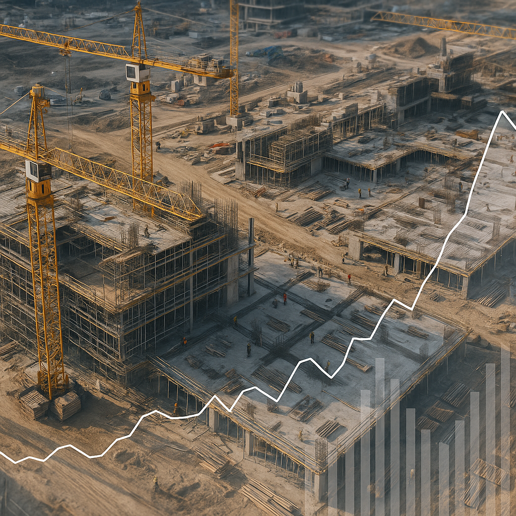 An aerial view of a large construction site with cranes, scaffolding, and workers, showing both progress and delays, ove...
