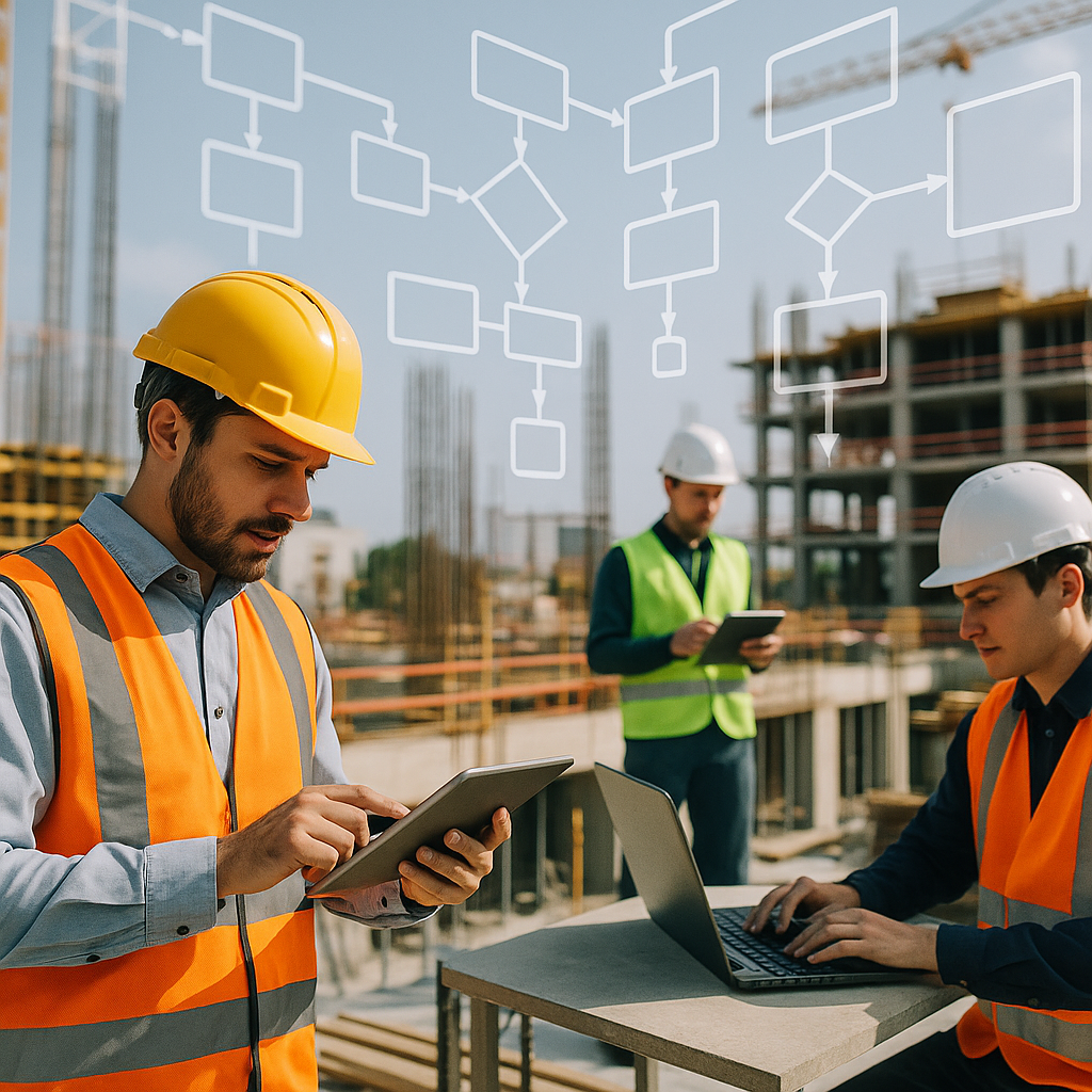 A modern construction site with workers using tablets and laptops, overlaid with digital flowcharts and procurement work...