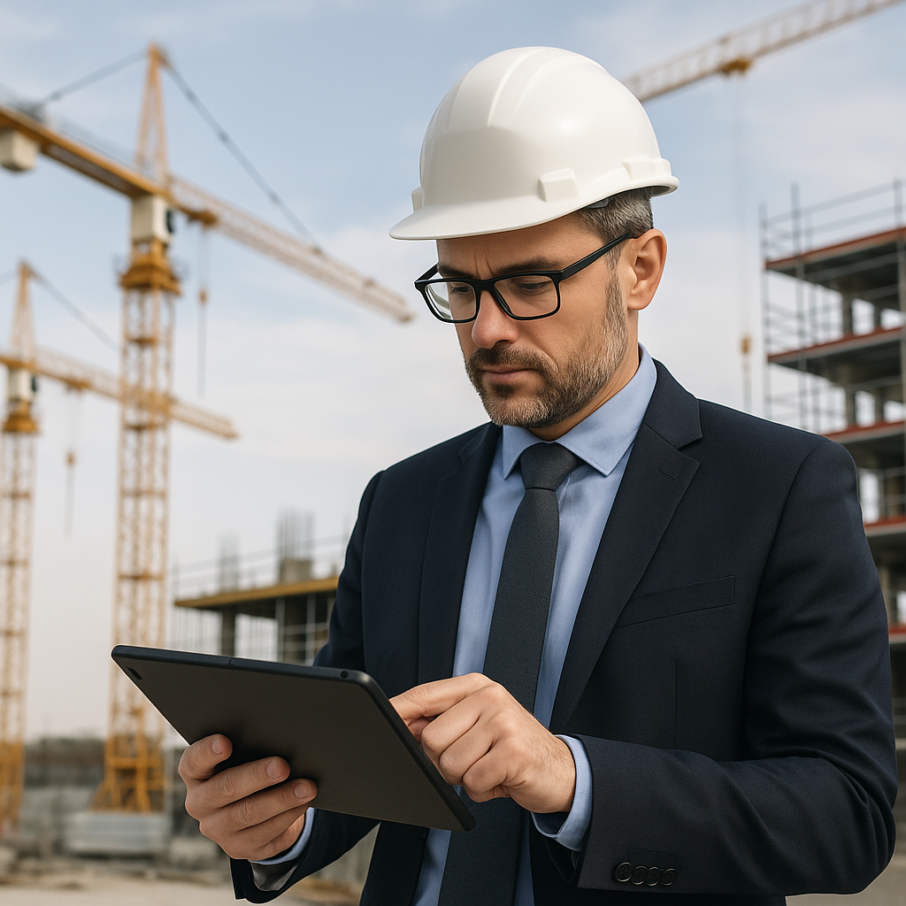 A professional bid manager analyzing data on a tablet at a construction site, with cranes and scaffolding in the backgro...