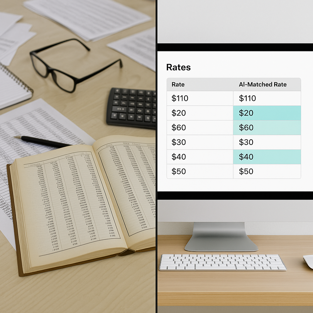 A split-screen image showing a cluttered desk with rate books and spreadsheets on one side, and a sleek computer screen...