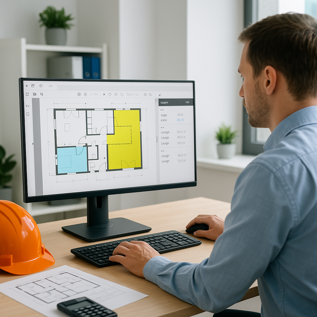A detailed image of a construction estimator using a computer with AI software analyzing a PDF drawing, showing highligh...