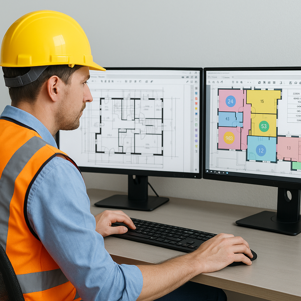 A construction estimator in front of dual monitors, one showing a complex PDF drawing, the other displaying AI-powered t...