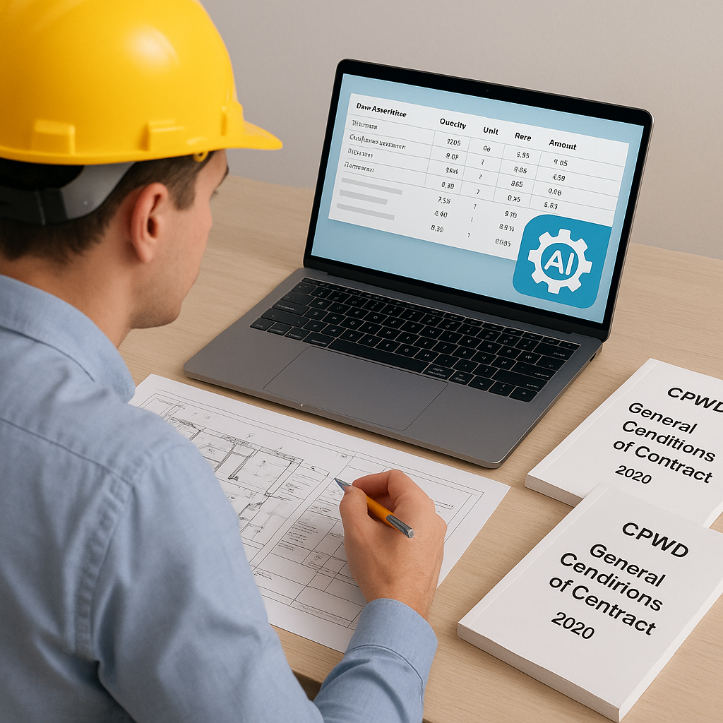 An AI-generated image of a construction estimator at a desk, surrounded by CPWD GCC PDFs, with a laptop screen showing A...