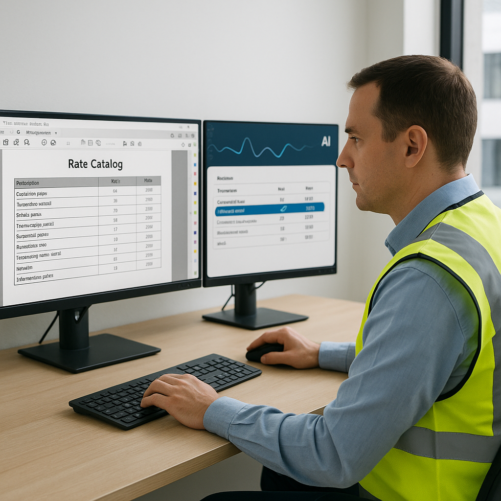 A construction estimator at a desk with dual monitors, one displaying a PDF rate catalog and the other showing AI softwa...