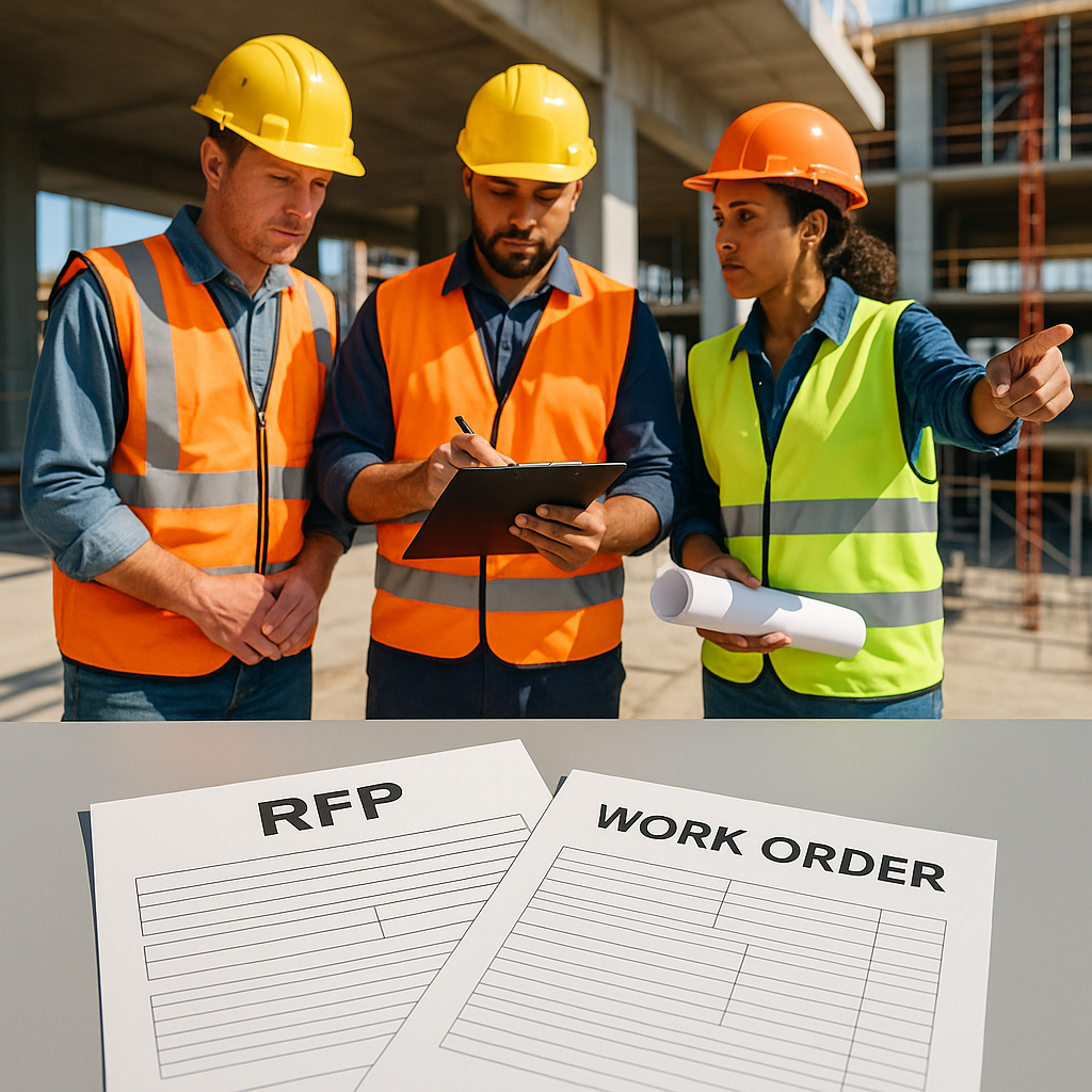 A construction site with workers managing subcontractor tasks; documents like RFPs and Work Orders visible in the foregr...