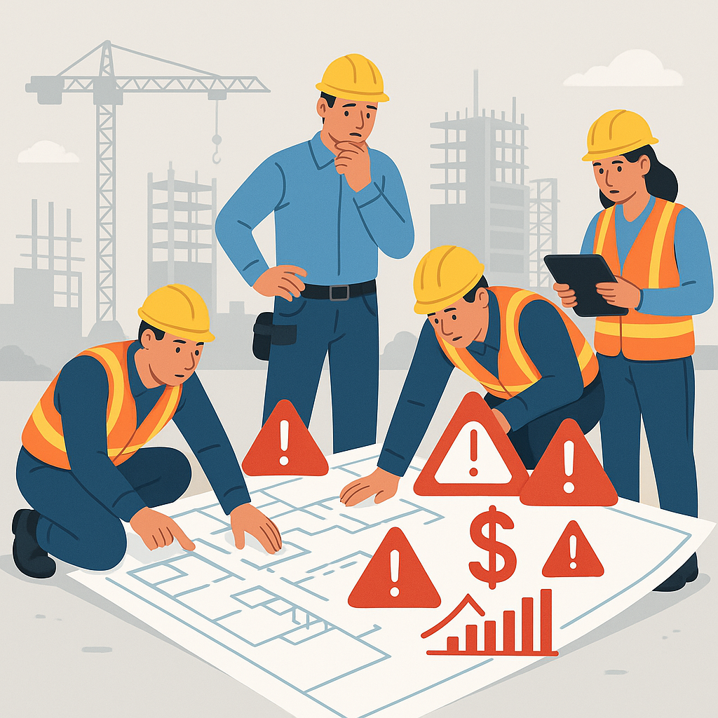 A construction site with workers around a large blueprint, highlighting cost calculations and budget overruns with visua...