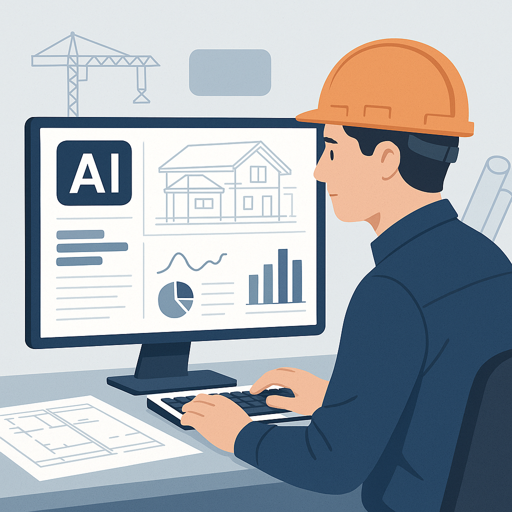 Illustration of a construction estimator using AI software with drawings and data visualizations on screen.