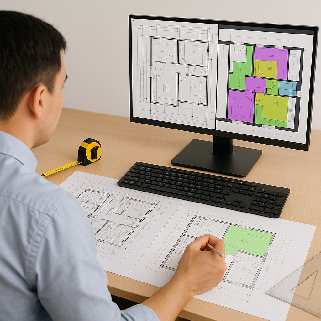 A construction estimator at their desk, a split screen showing traditional manual takeoff on one side with rulers and pa...
