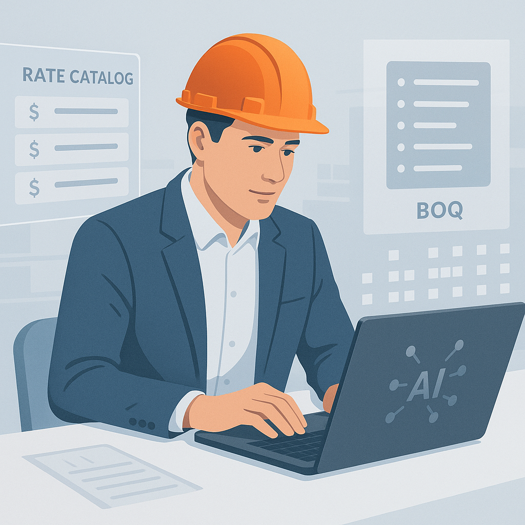 A construction estimator working on a laptop with AI-powered software, surrounded by virtual rate catalogs and BOQ line...