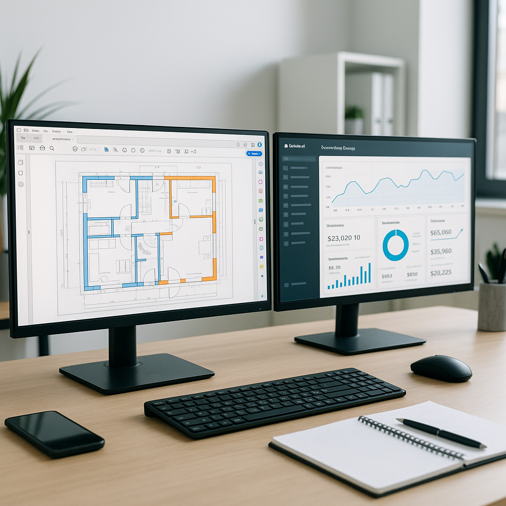 A modern construction estimator's workstation featuring dual monitors: one displaying a PDF drawing with highlighted tak...