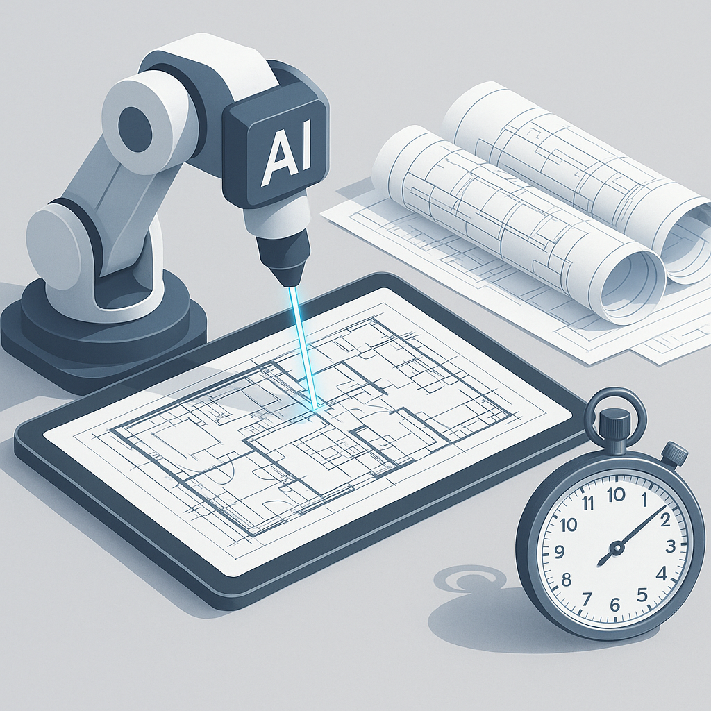 An AI-powered construction tool analyzing a detailed blueprint on a tablet, with a stopwatch showing 10 minutes and a st...