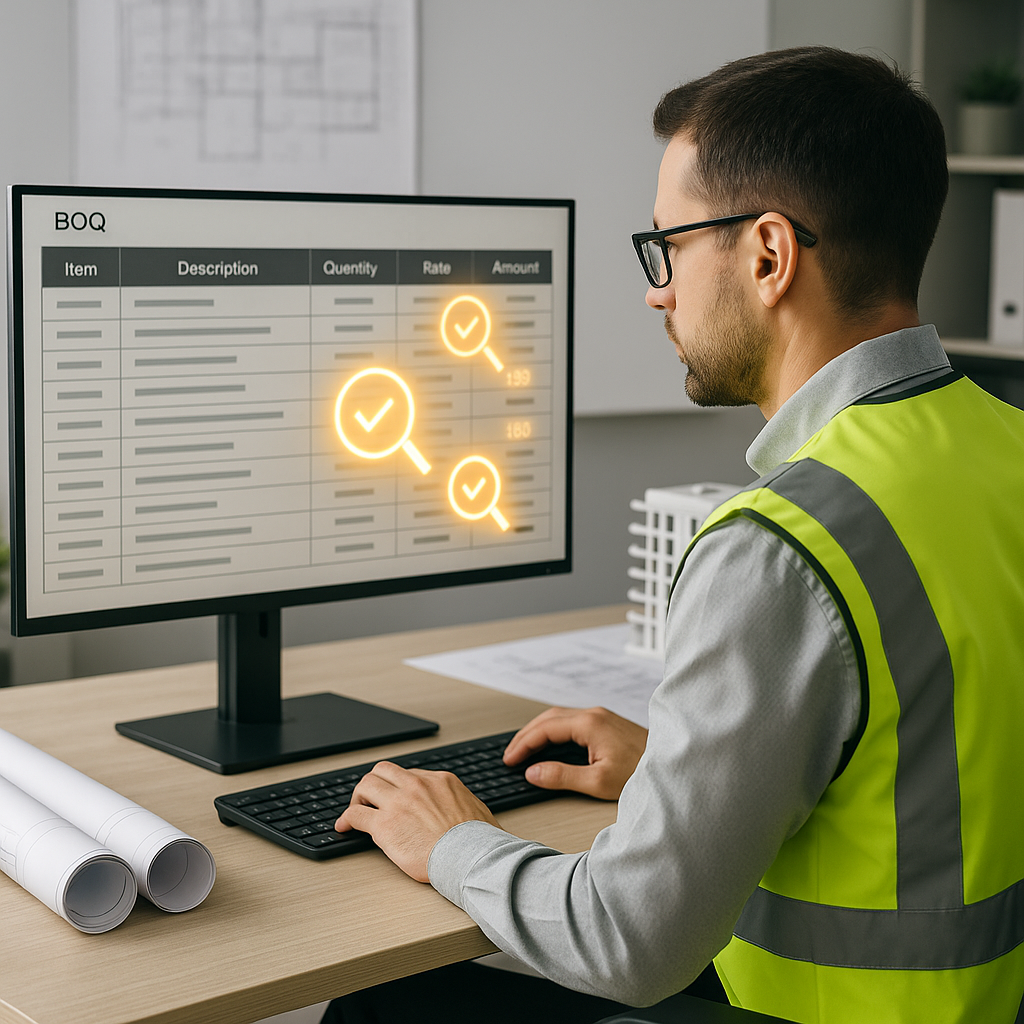 A construction estimator in an office, reviewing a digital BOQ on a large monitor, with AI-powered rate matching visuali...