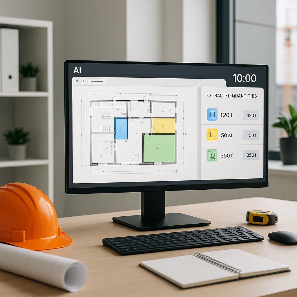 A sleek, modern construction office setup with an AI-powered platform on a large monitor, showing a PDF drawing with hig...