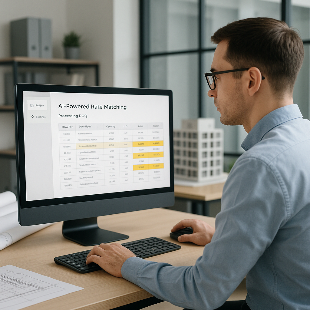 A construction estimator at their desk, using software with AI-powered rate matching. The screen shows a BOQ being proce...