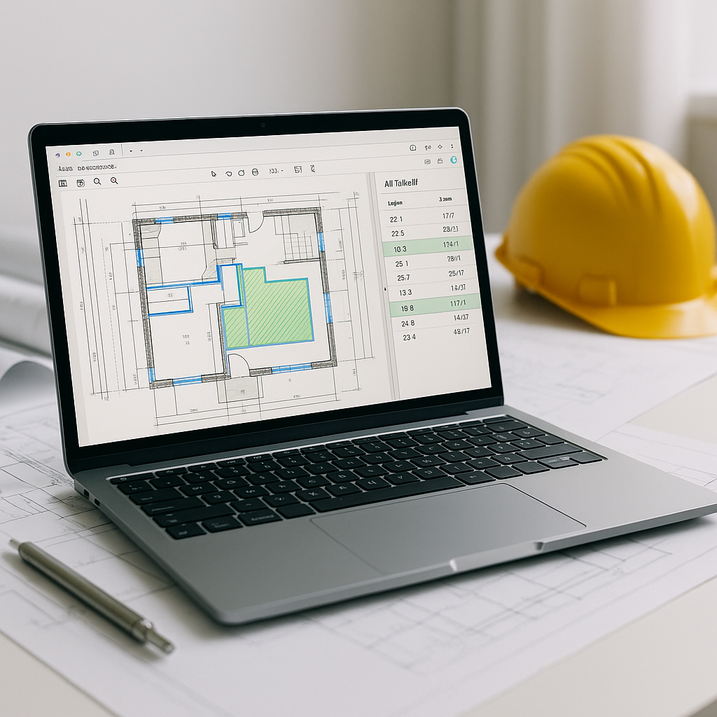 A modern construction estimator's desk with a laptop running AI-powered takeoff software, showing a PDF drawing with hig...