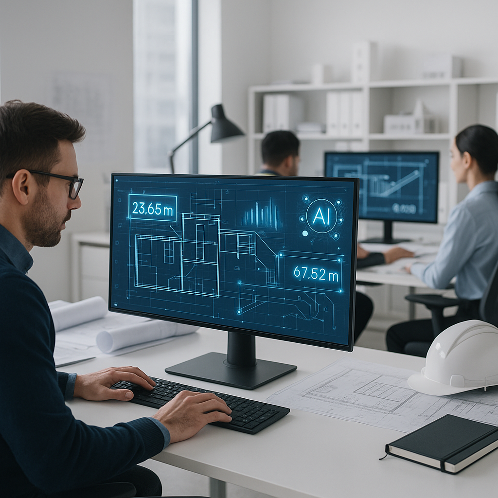 A modern construction office with engineers working on digital blueprints displayed on large monitors, with AI data over...