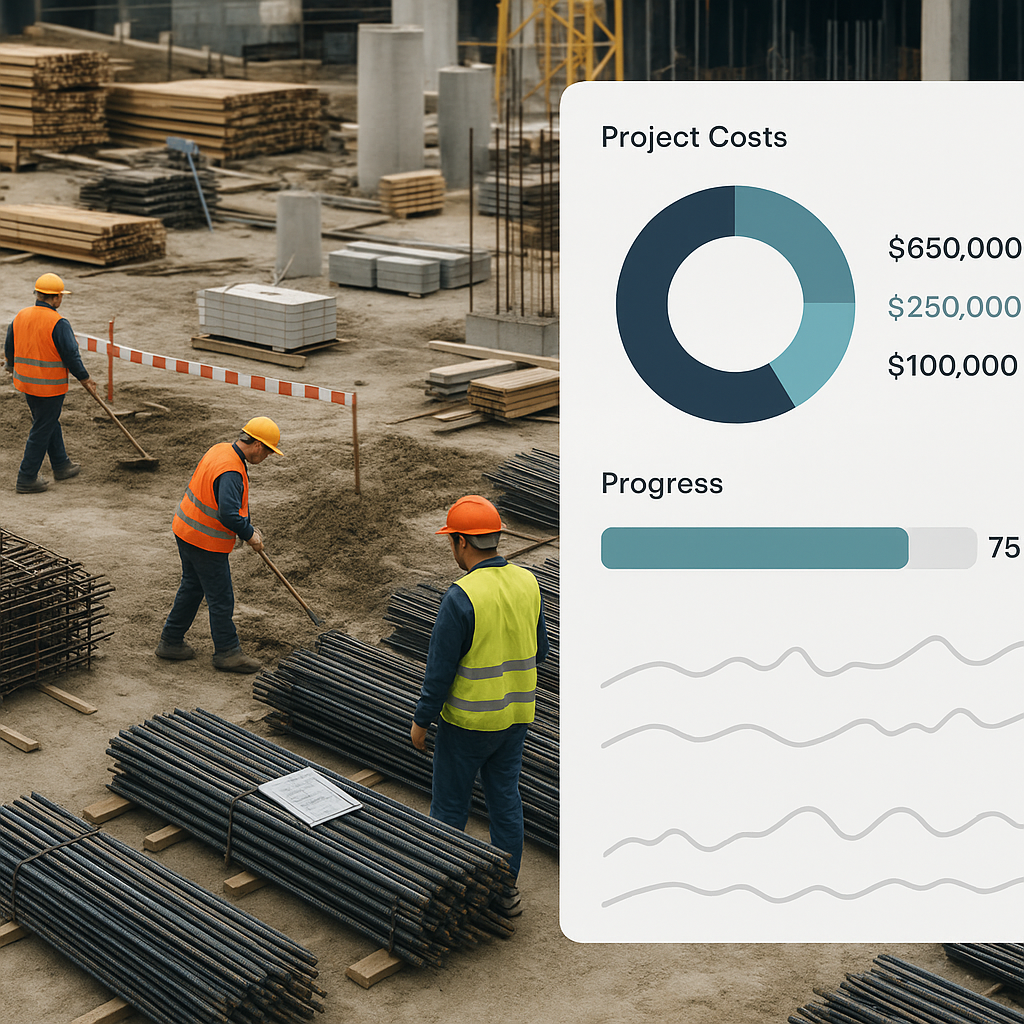 An image of a construction site with workers, piles of materials, and a digital dashboard overlay showing project costs...