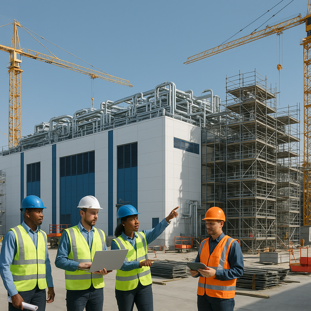 A modern hyperscale data center under construction, showcasing cranes, scaffolding, and a diverse construction team mana...