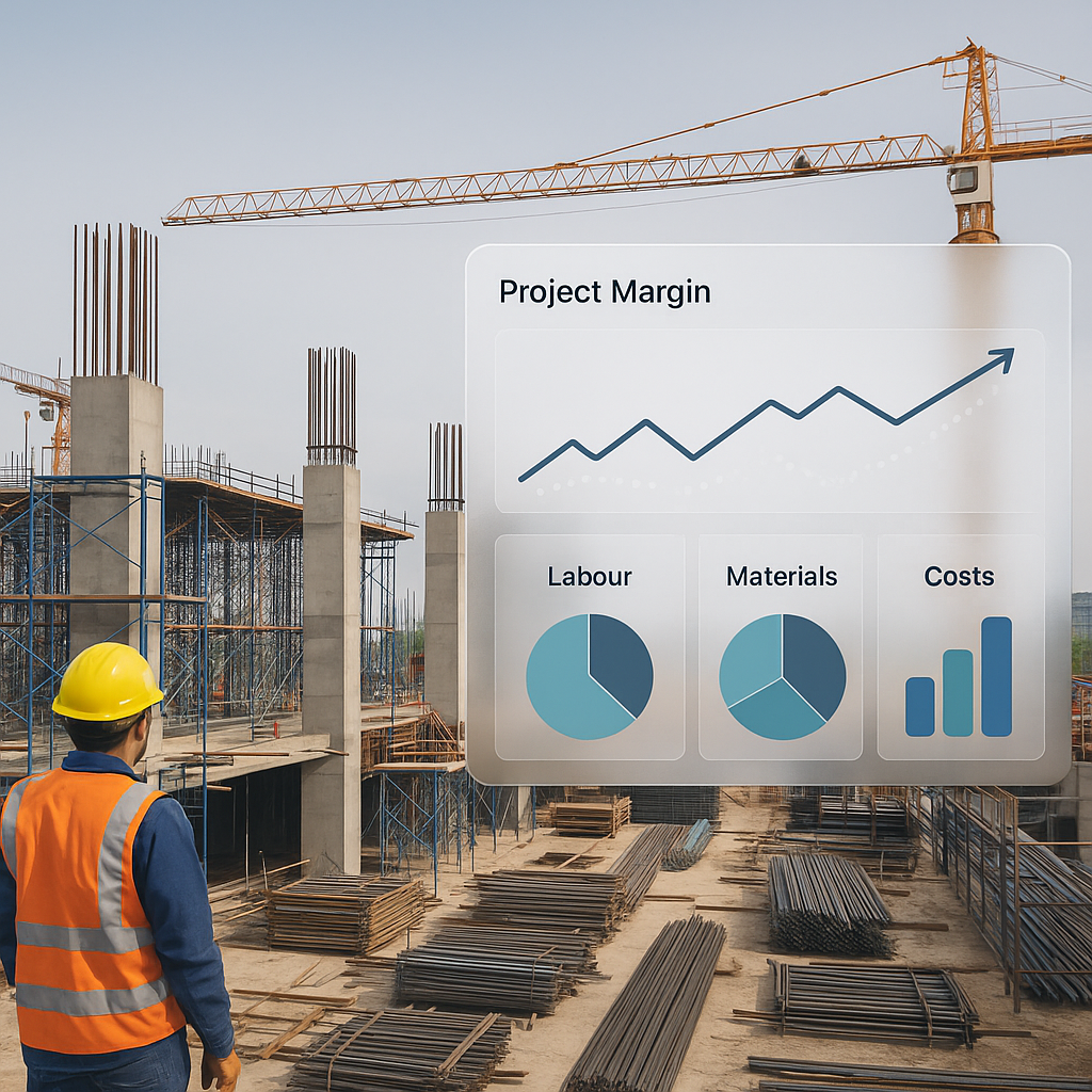A construction site with a digital dashboard overlay showing real-time project margin analytics, including charts for la...