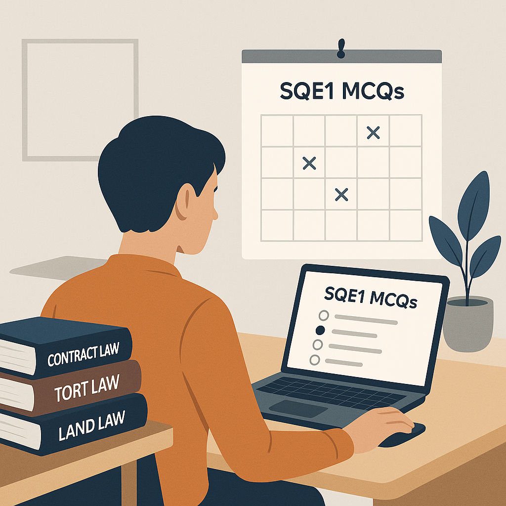 A focused illustration of a student sitting at a desk with legal textbooks, a laptop showing SQE1 MCQs, and a calendar p...