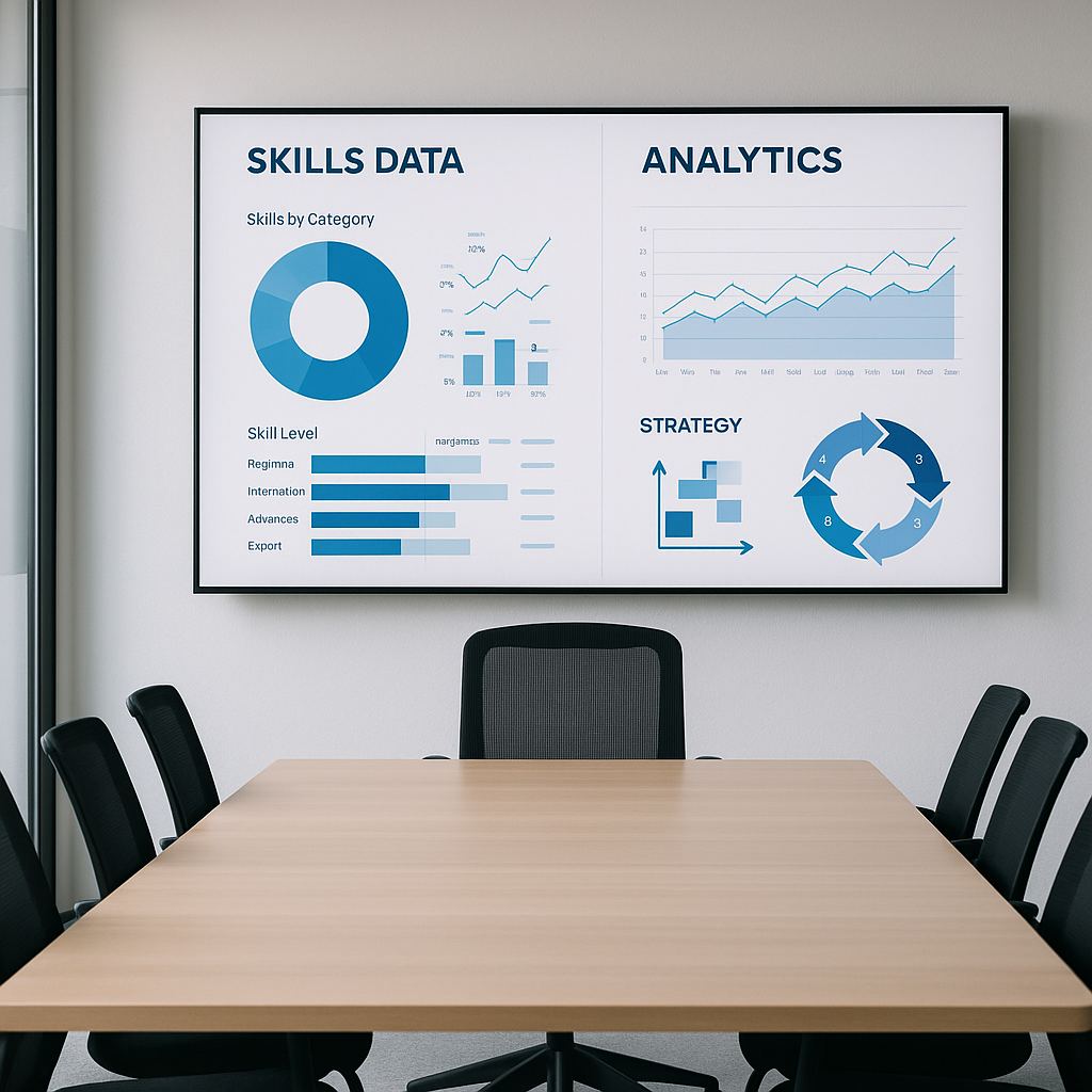 A modern office meeting room with an empty chair at the head of the table, a digital dashboard on the wall showing skill...