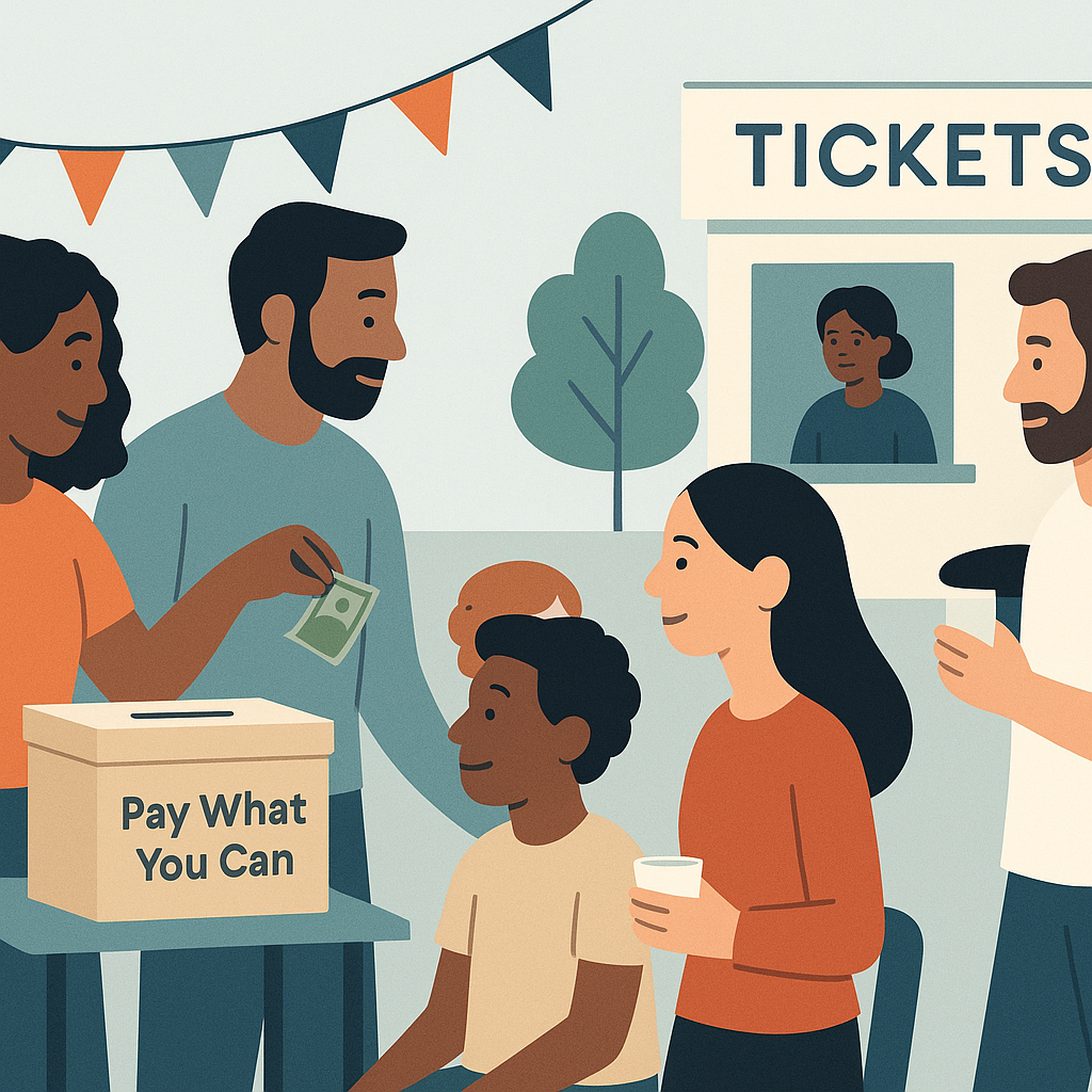 An illustration of a small community event with diverse attendees, a donation box labeled 'Pay What You Can', and a simp...