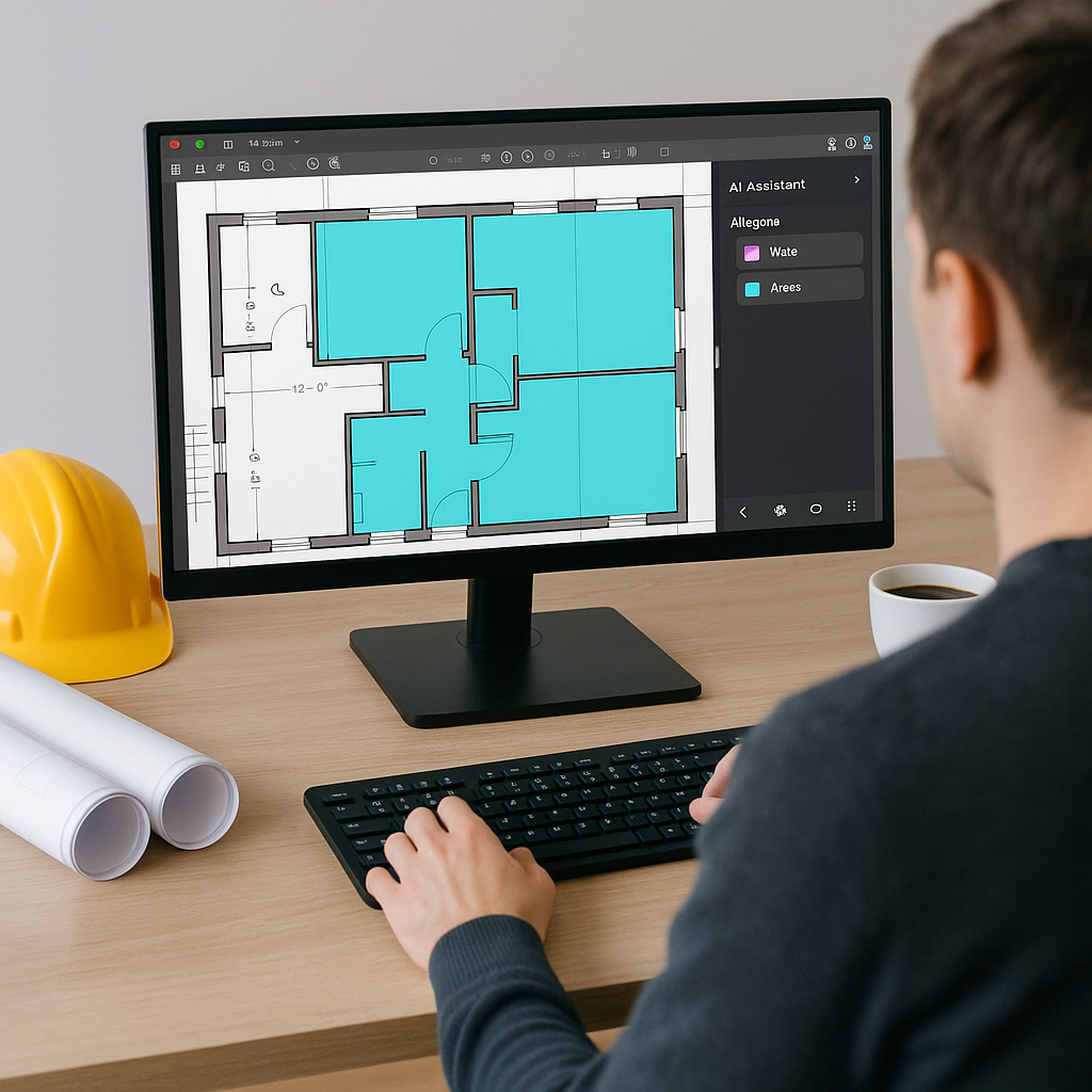 An over-the-shoulder view of a construction estimator's desk with a computer screen showing a PDF drawing, and an AI int...