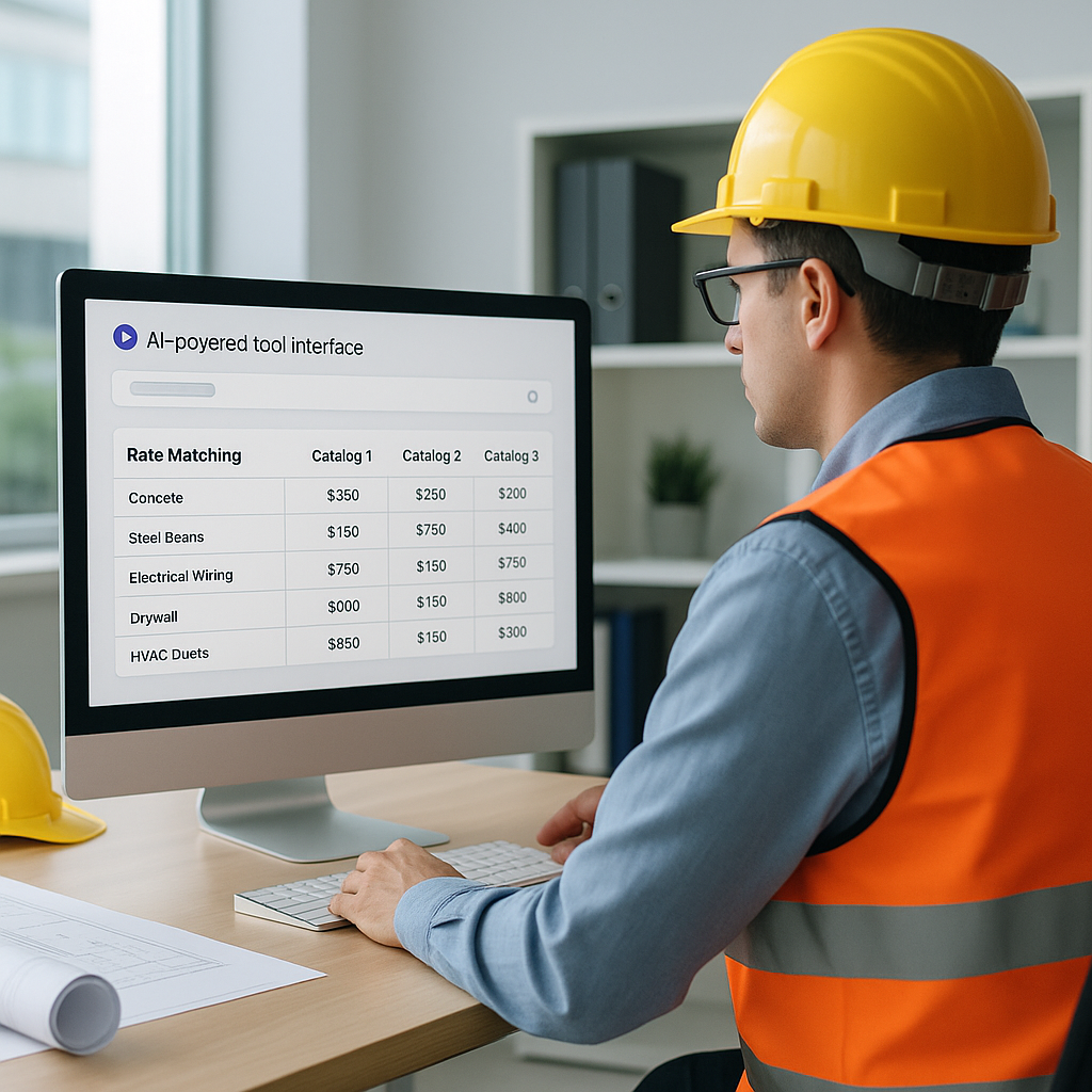 A construction estimator sitting at a desk with an AI-powered tool interface on a monitor, showing rate matching across...