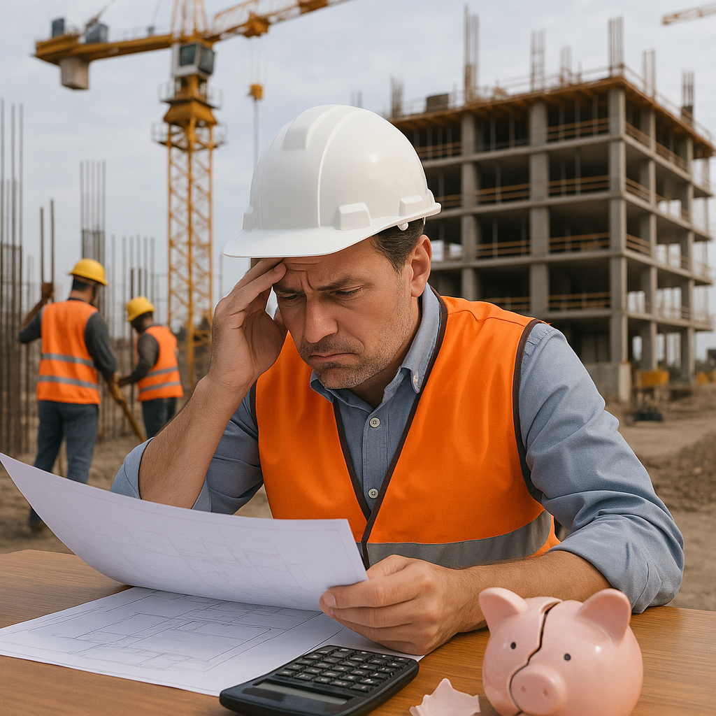 A detailed image showing a construction site with workers, a large crane, and a half-built structure in the background....