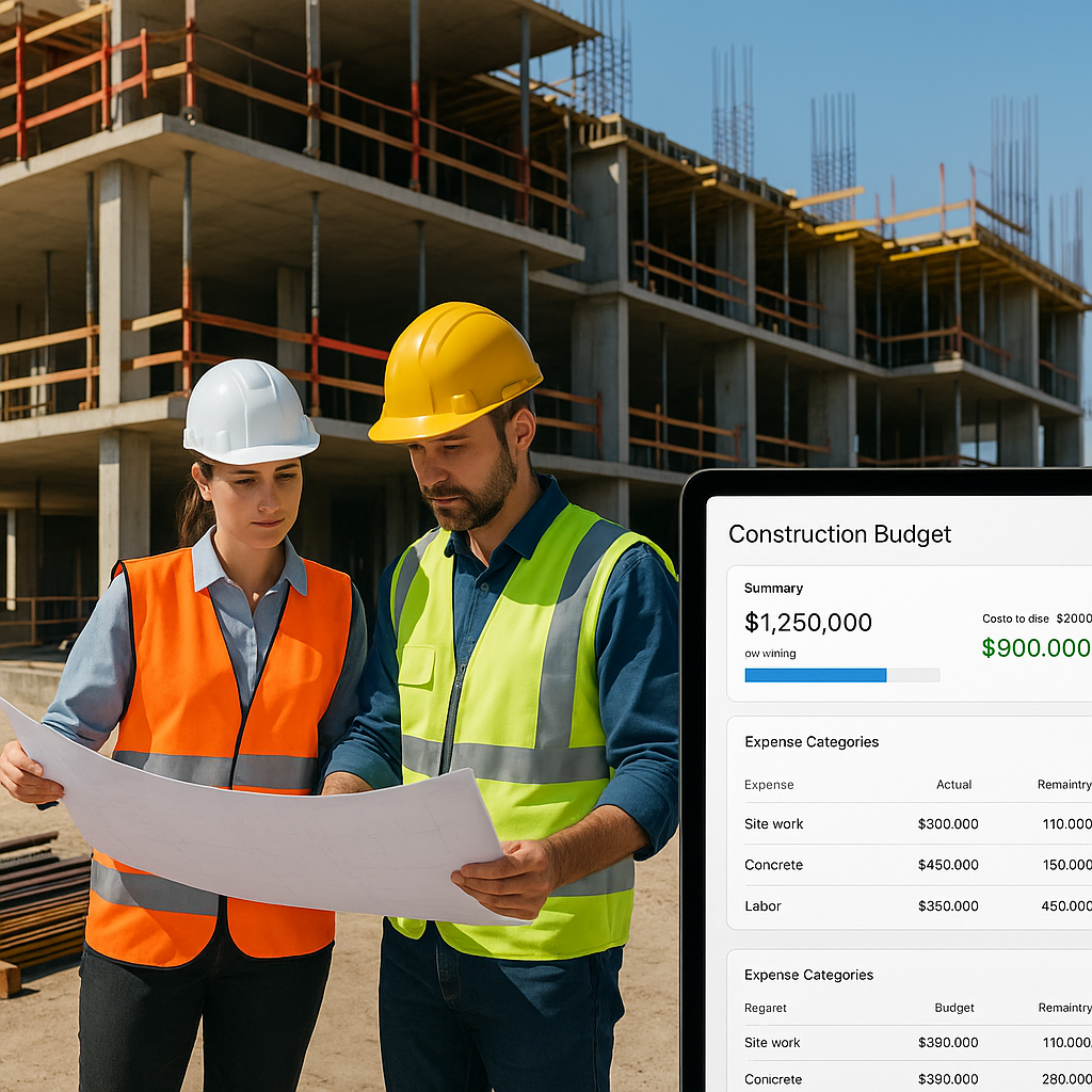 A construction site with a partially built structure, workers reviewing blueprints, and a digital tablet displaying a co...