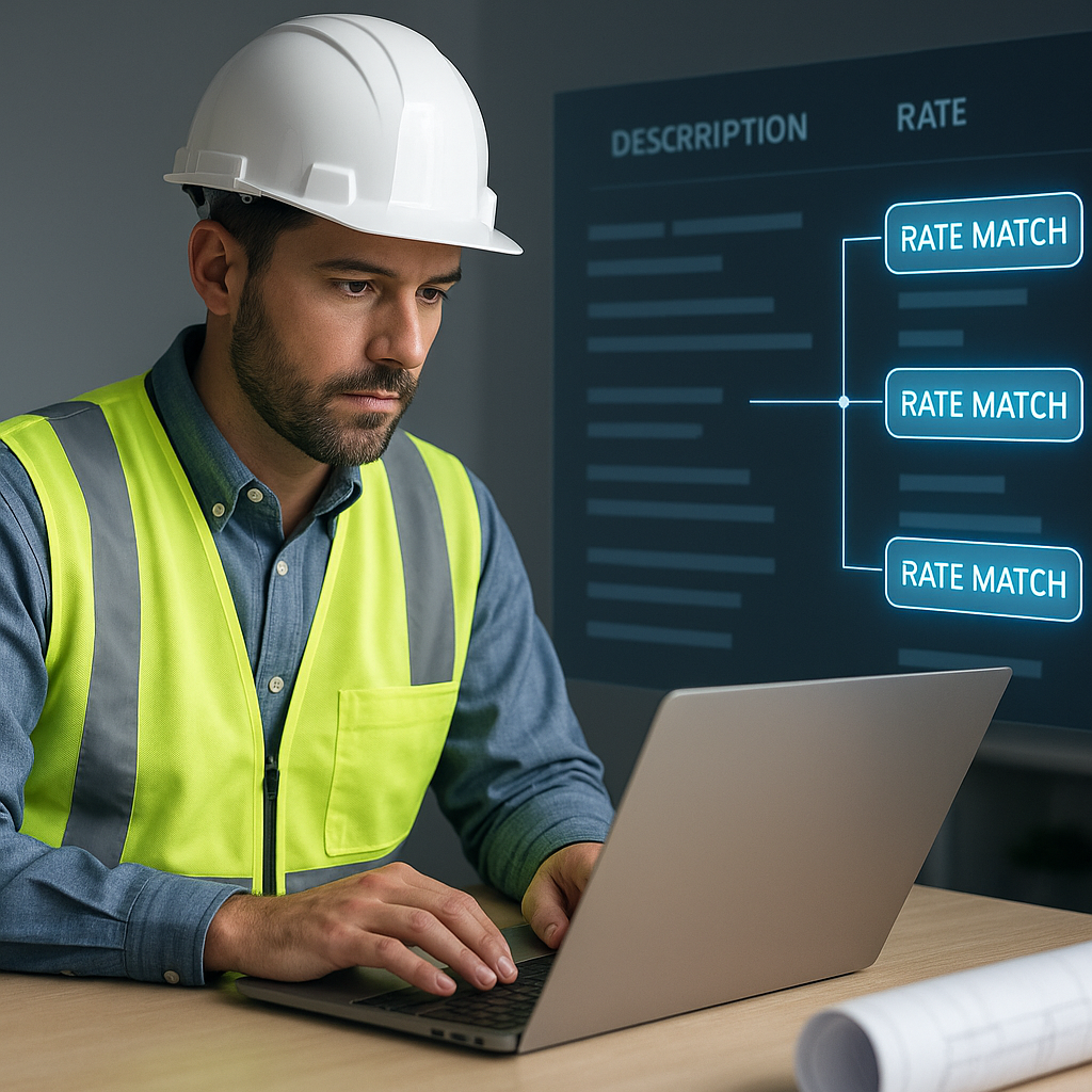 A construction estimator working on a laptop, with a glowing AI interface highlighting rate matches from a large digital...