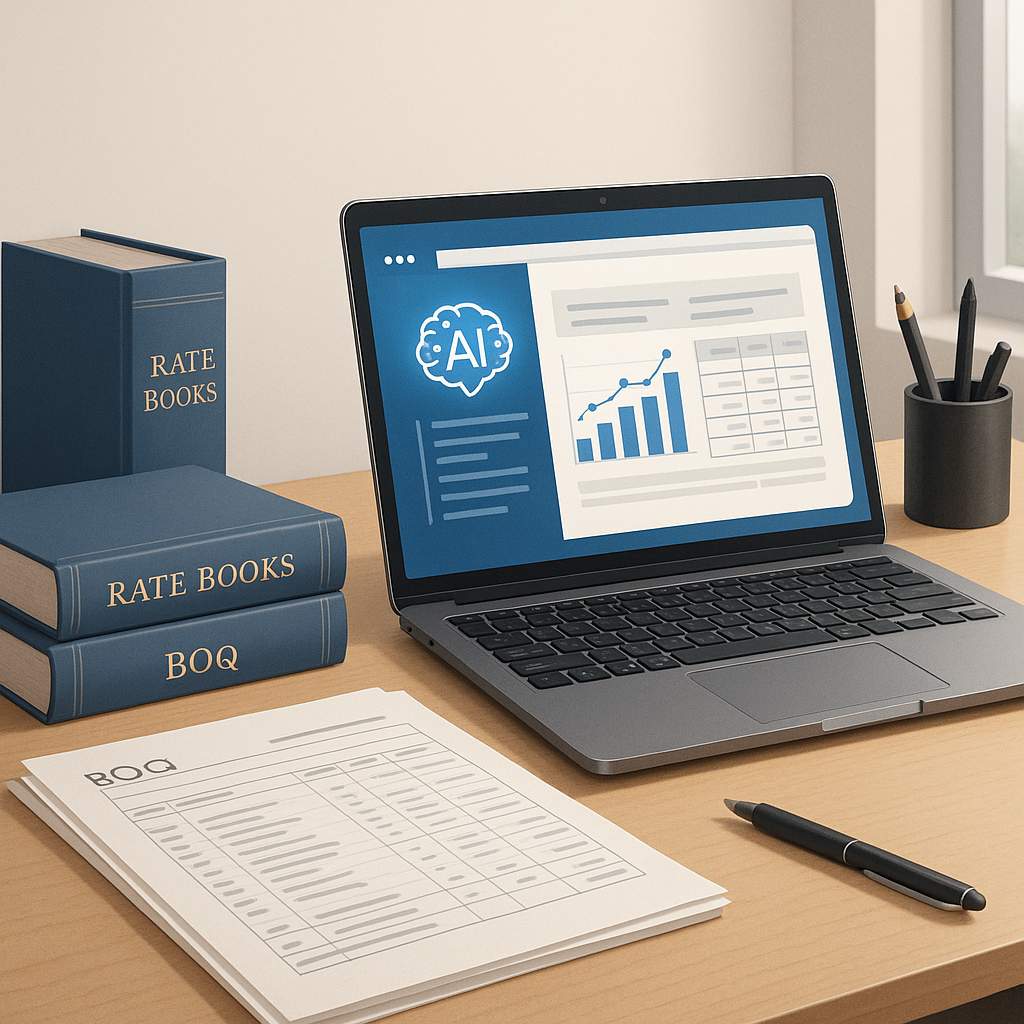 A realistic illustration showing an estimator's desk with AI-powered software on a laptop screen, rate books set aside,...