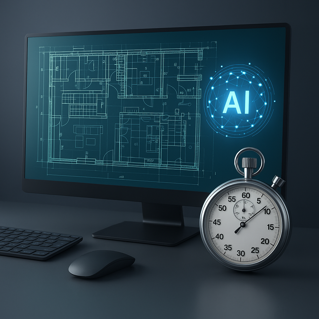 A sleek digital rendering of an AI-powered system analyzing a detailed construction blueprint on a computer screen, with...