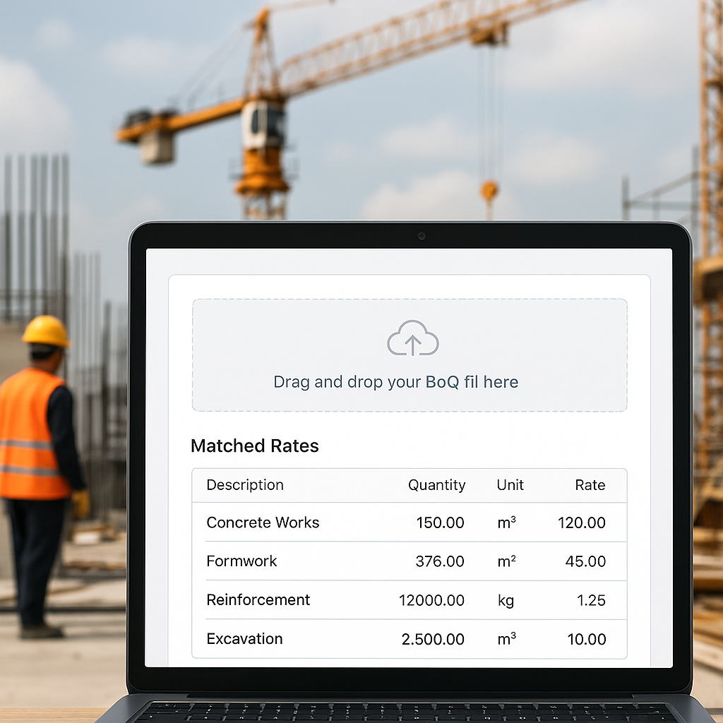 An AI-powered tool interface showing a BOQ upload screen with matched rates appearing instantly; construction site image...
