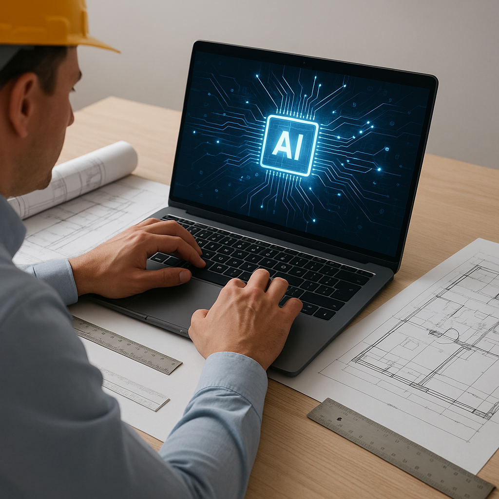 A construction estimator working on a laptop with a digital blueprint on the screen, surrounded by traditional tools lik...