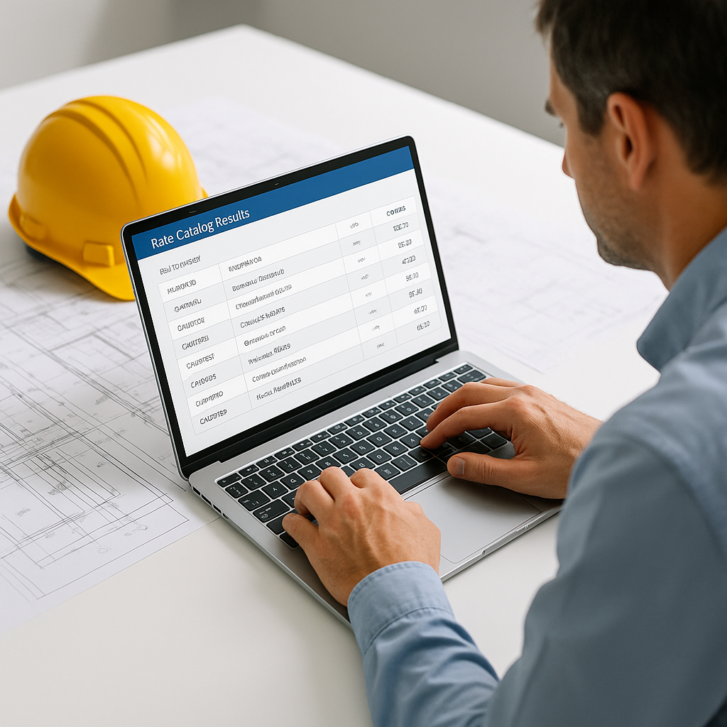 A construction estimator using a laptop with a digital screen displaying rate catalog results in seconds, surrounded by...