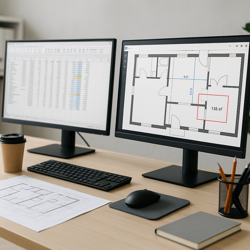 A modern construction estimator's workspace with dual screens; one screen shows a cluttered spreadsheet and paper drawin...