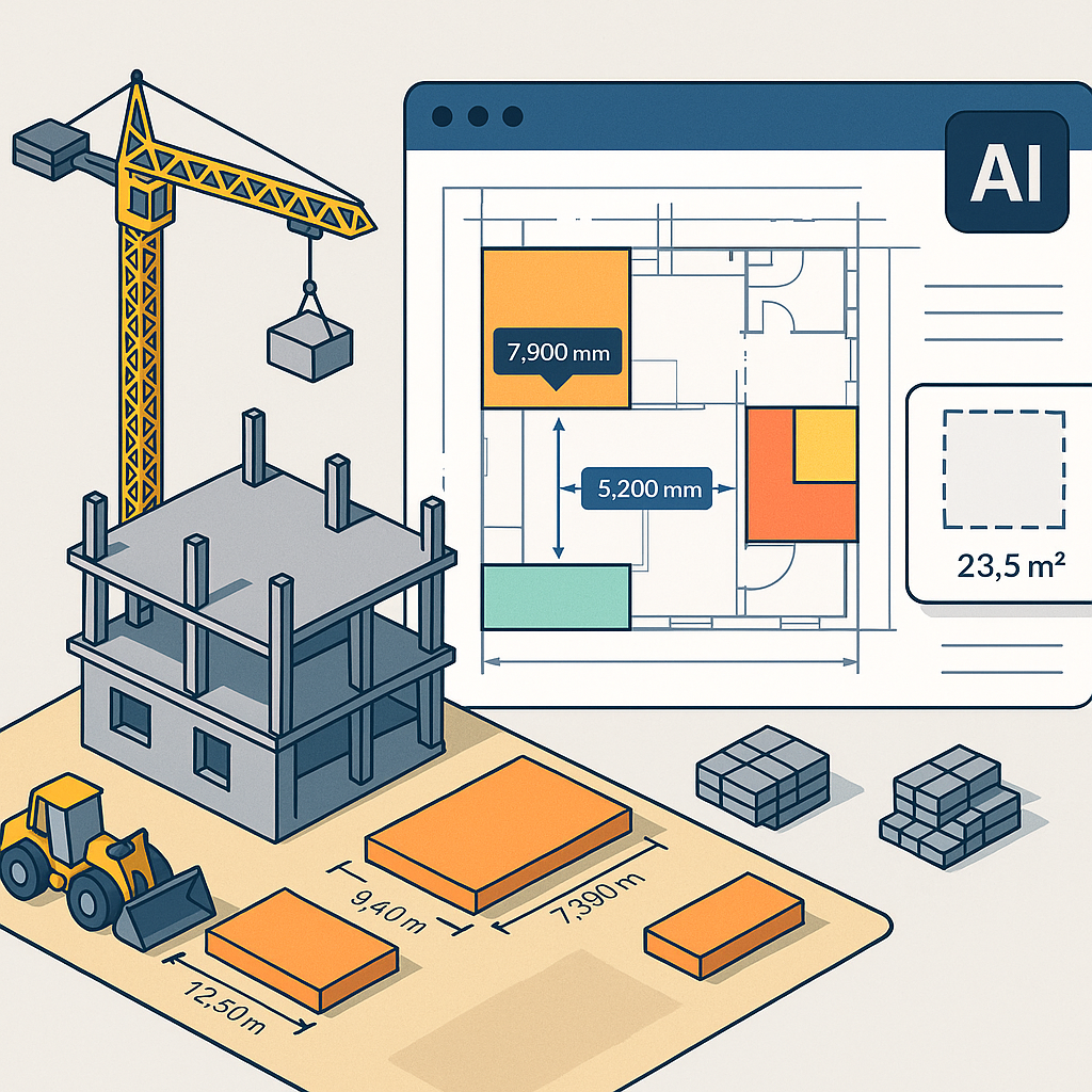 A detailed isometric illustration of a construction project with an overlay of AI-powered tools analyzing PDF drawings i...