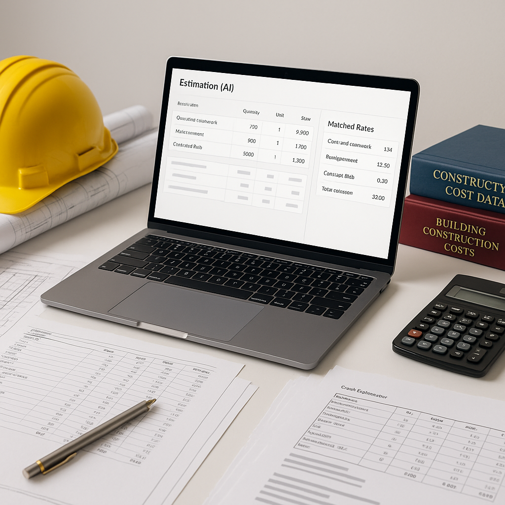 A busy construction estimator's desk with papers, rate books, and a laptop showing an AI-powered estimation software int...