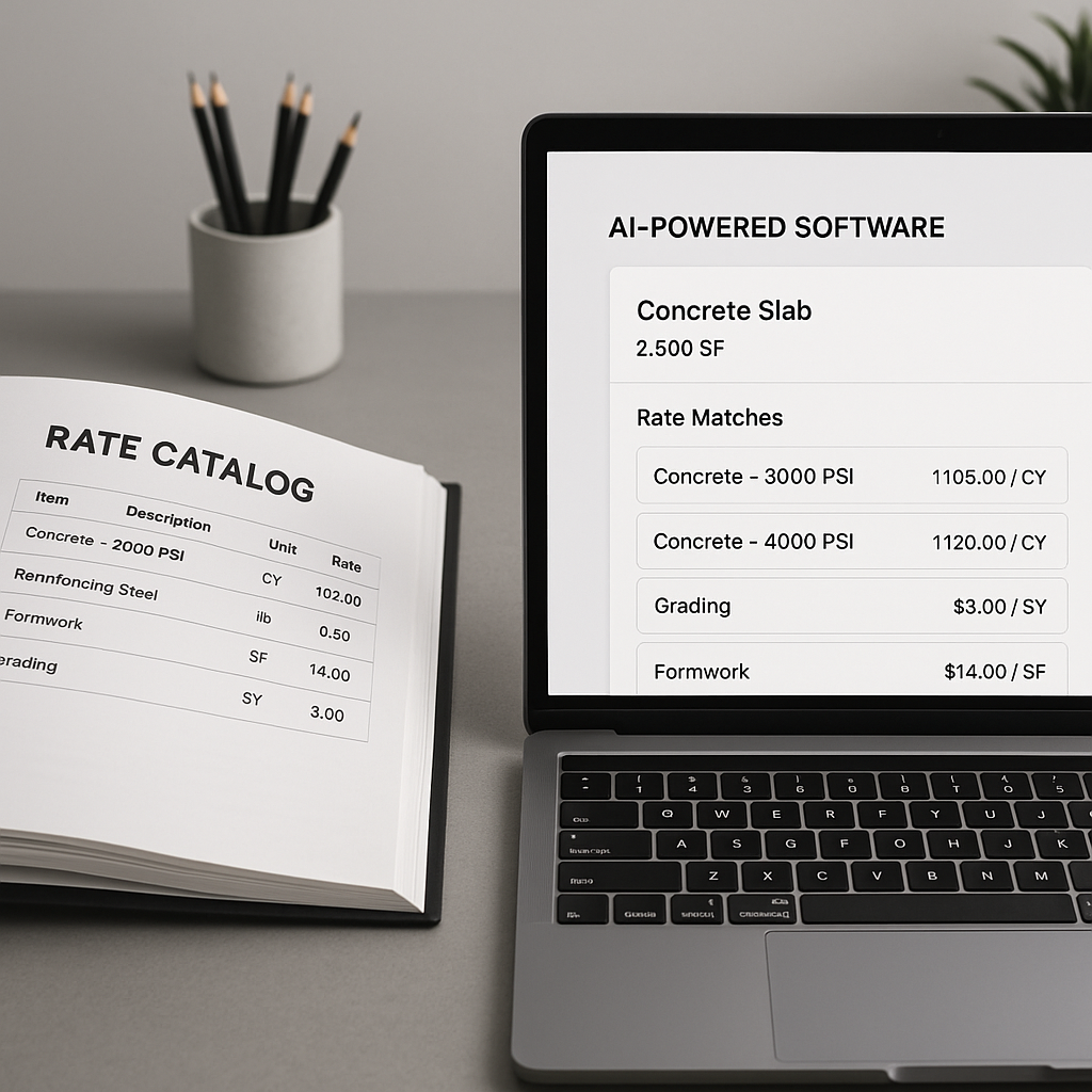 A modern construction estimator's desk showing a split-screen: one side with an open rate catalog book, the other with a...