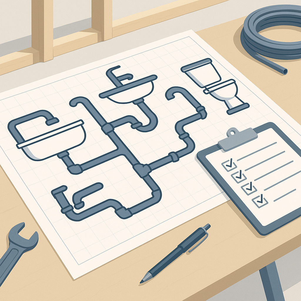 Illustration of a detailed plumbing blueprint with pipes, fixtures, and a checklist on a construction site table.