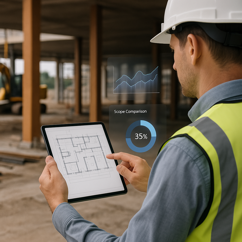A construction site with a contractor reviewing digital blueprints on a tablet, with AI-generated graphs and scope compa...