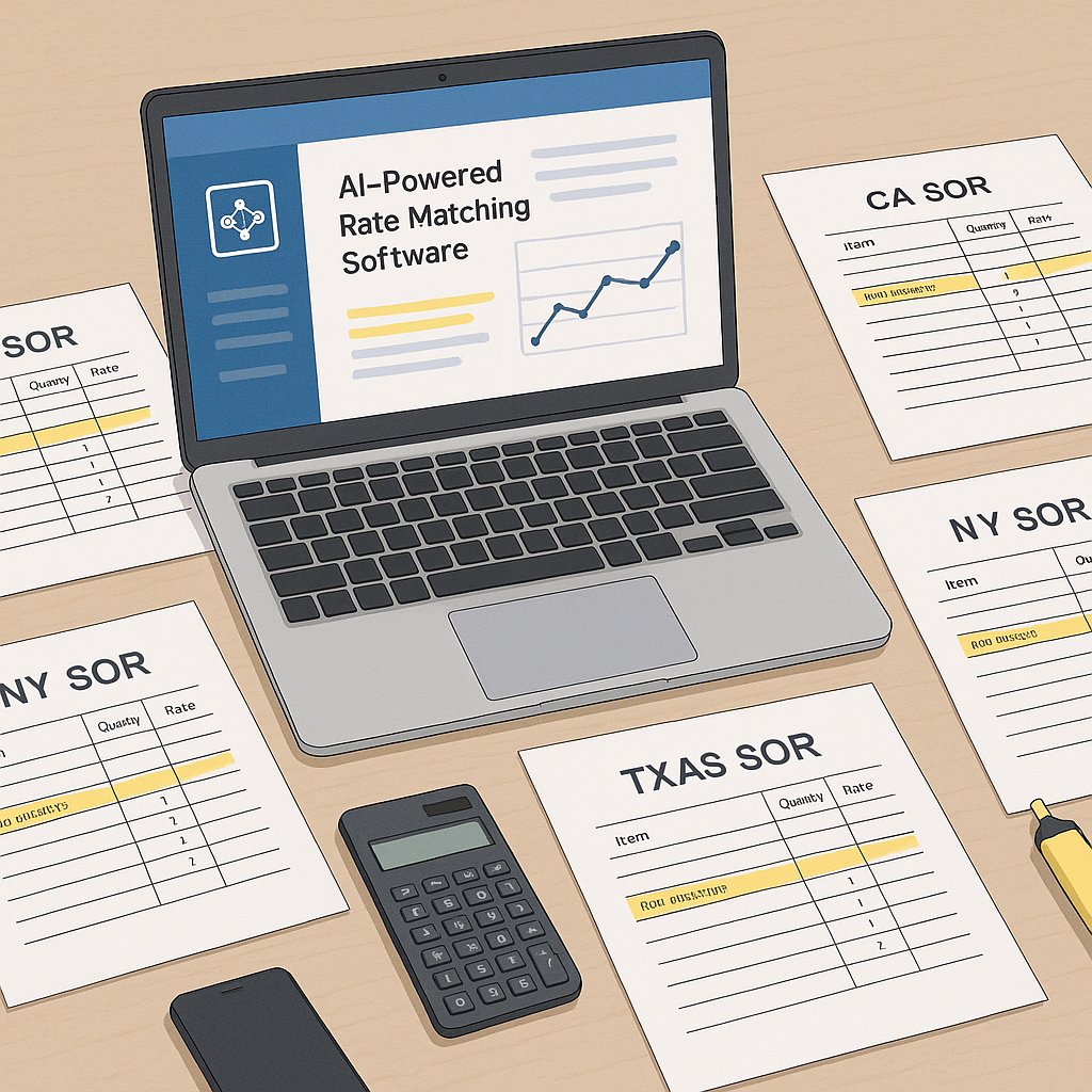 A detailed illustration of a construction estimator's desk with open SOR PDFs from multiple states, a laptop displaying...