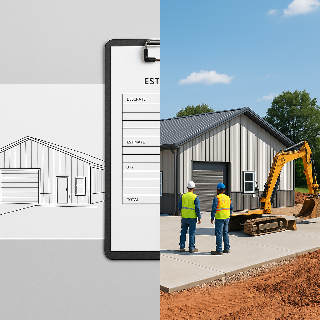 An image showing a construction project site with a split-screen: one side displaying a blueprint and estimate sheet, th...