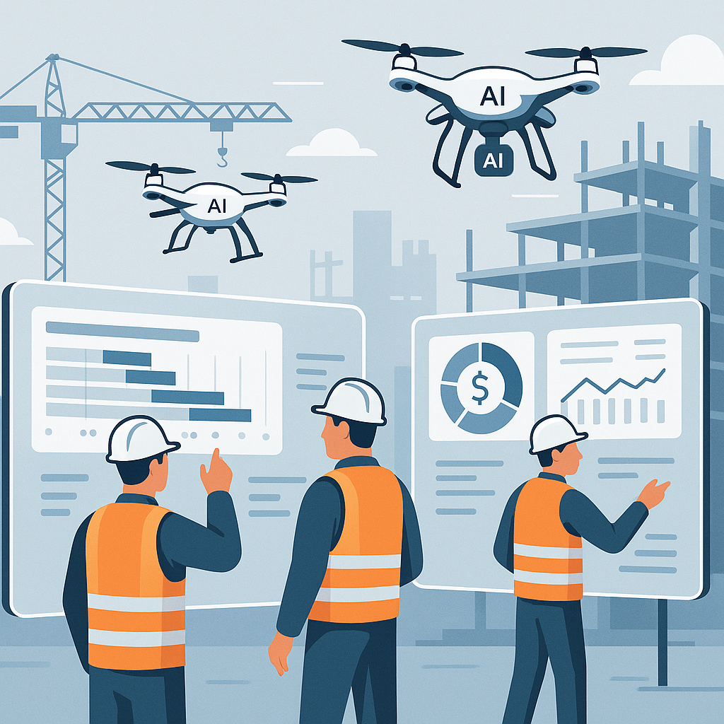 A futuristic construction site with AI-powered drones and workers interacting with digital screens showing project dashb...